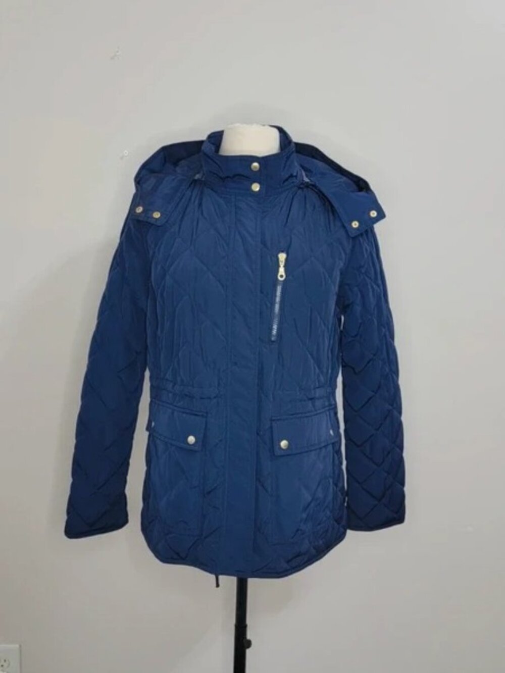 Women’s Navy Quilted Cinched-Waist Hooded Jacket – L / US 12–14